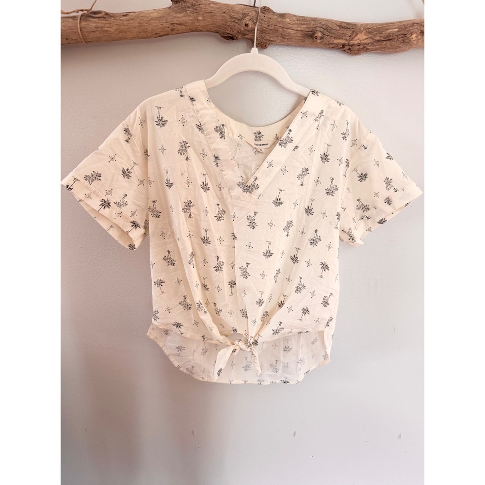 Lucky Brand Womens Cream Palm Tree Print V-Neck Tie Front Short Sleeve Top S